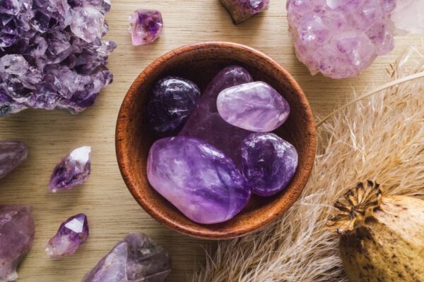 amethysts on a table