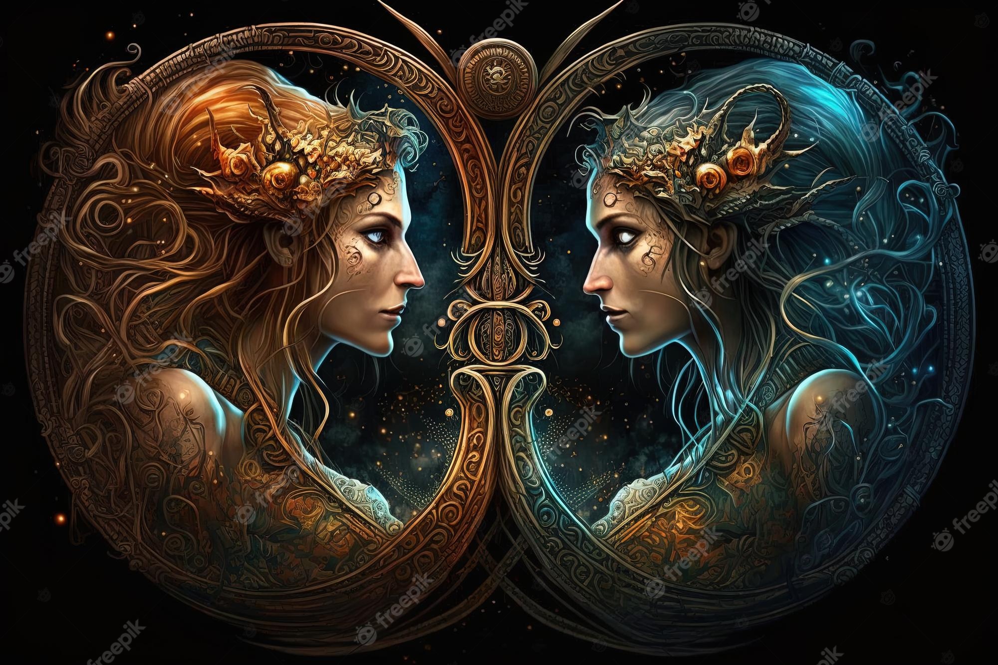 Gemini zodiac twins facing each other